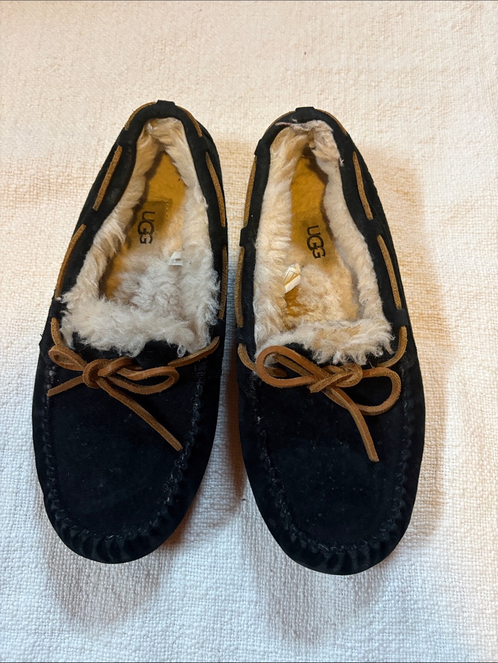 UGG Black Suede Moccasin with Tan Laces and Cream Shearling - Picture 4 of 4